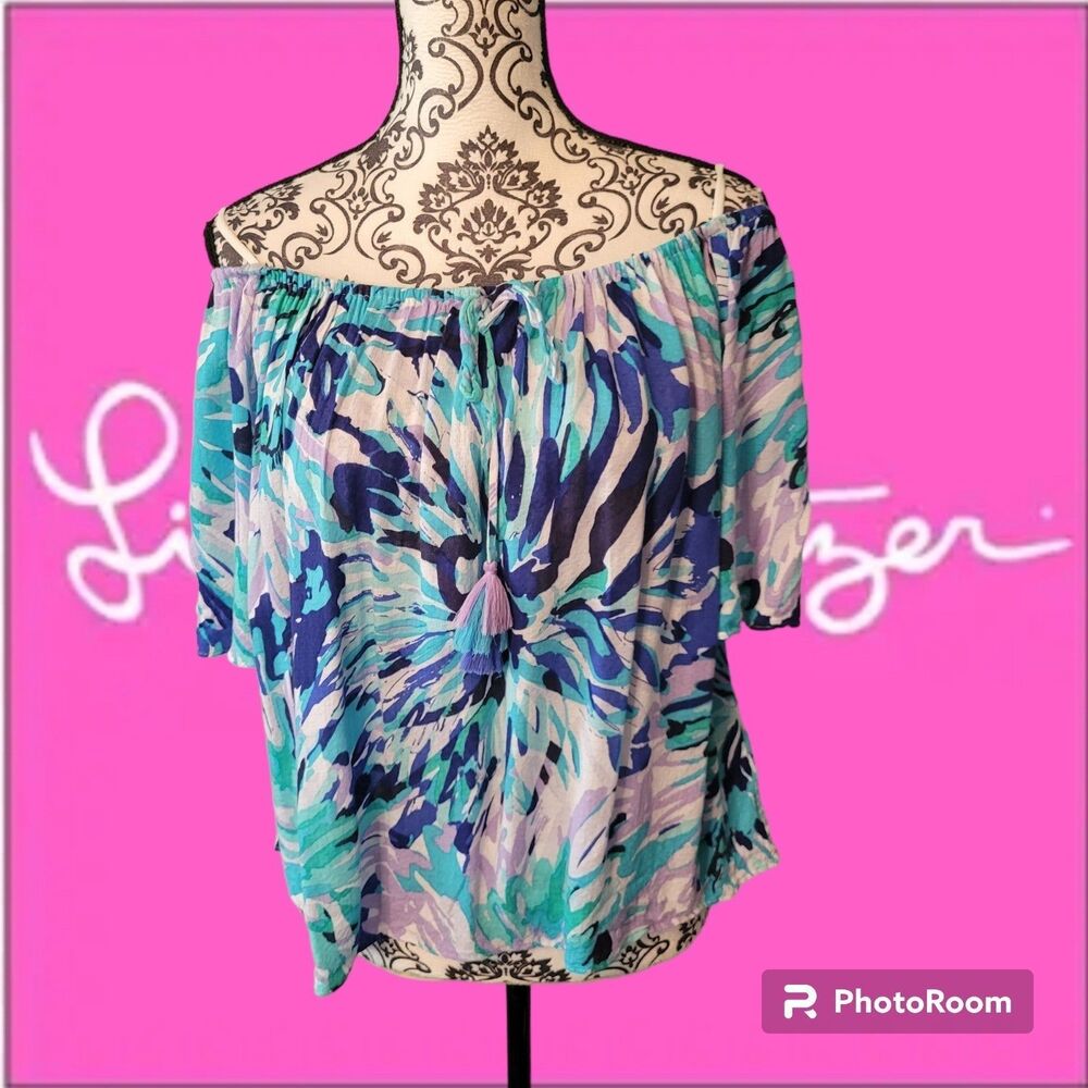 Lilly Pulitzer Palazzo Off the Shoulder Top In The Vibe Blue Purple Palm Rayon